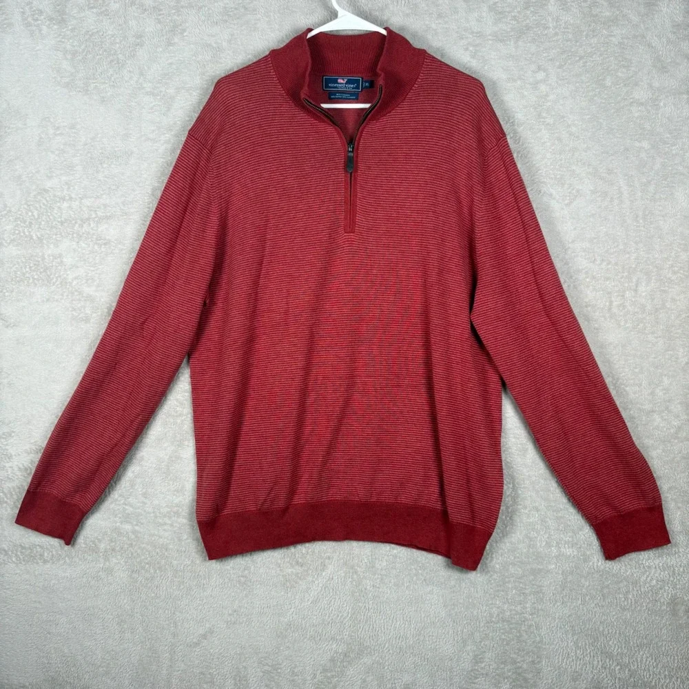 Vineyard Vines Thaxter Men XL Red Striped Cotton Cashmere Quarter Zip Sweater